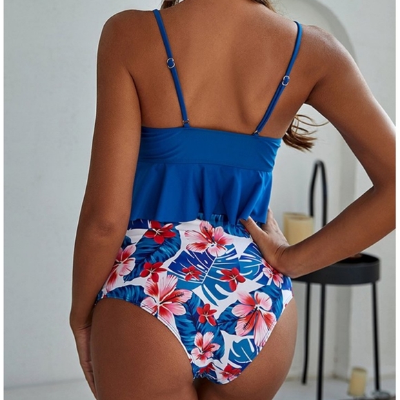 NWT Flurty Royale Blue v neck top and floral high-rise two-piece swimsuit - Picture 9 of 13